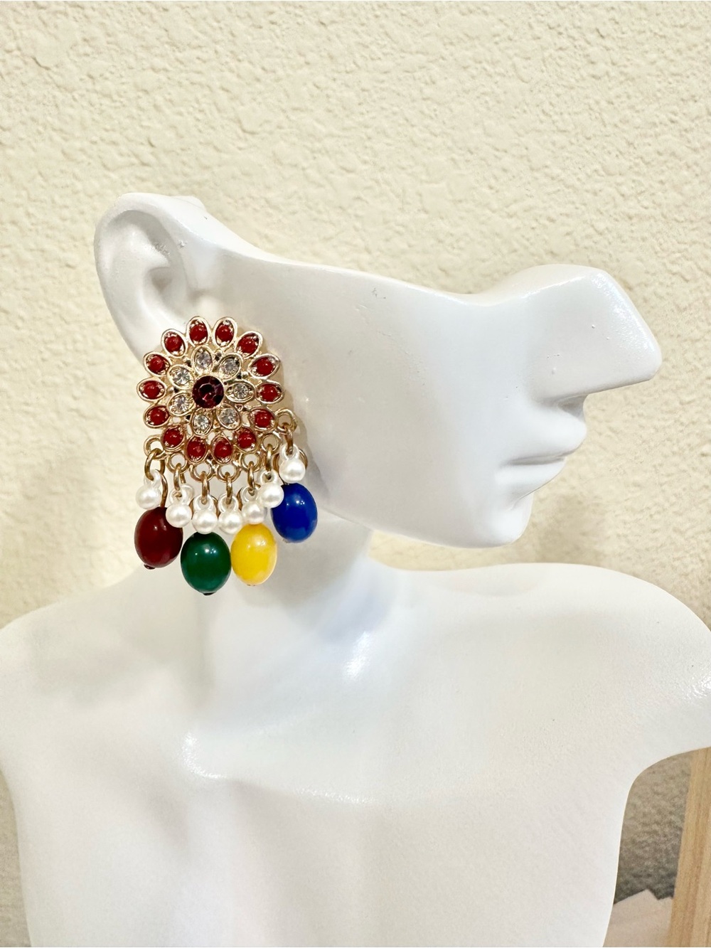 Gold-Tone Multicolor Chandbali Earrings with Red Crystal Center